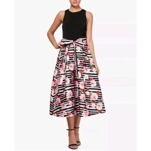 SLNY Womens 4 Black Floral Striped Belted Midi Dress Gown Pocket Fit Flare Small